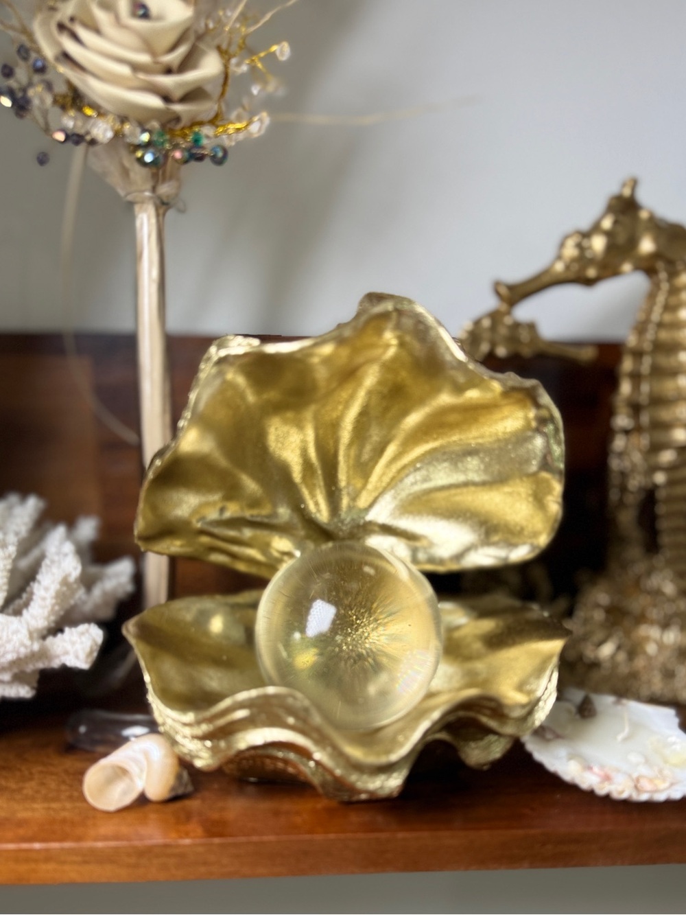 NEW Gold Clam Shell Figurine w/ Glass Crystal Pearl Ball Sea Life Coastal Decor